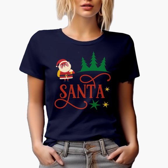 Cute Santa Pine Trees Magical Holiday Season Gift Idea, Navy Blue T-Shirt, Small