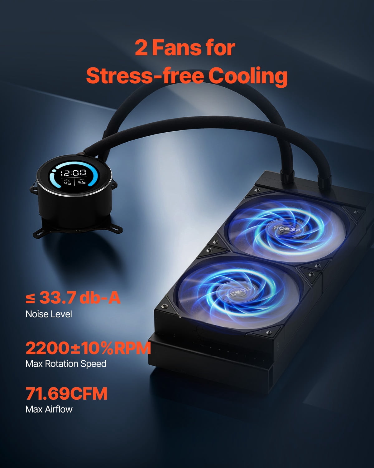 VEVOR CPU Liquid Cooler, AIO CPU Water Cooler - 120mm PWN Fans, Pump, 1.8'' Display, Max. 2200RPM CPU Cooling Fan, Efficient Black PC Water Cooler for Intel 115X/1366/2011/1700/1200, AMD AM4/AM5