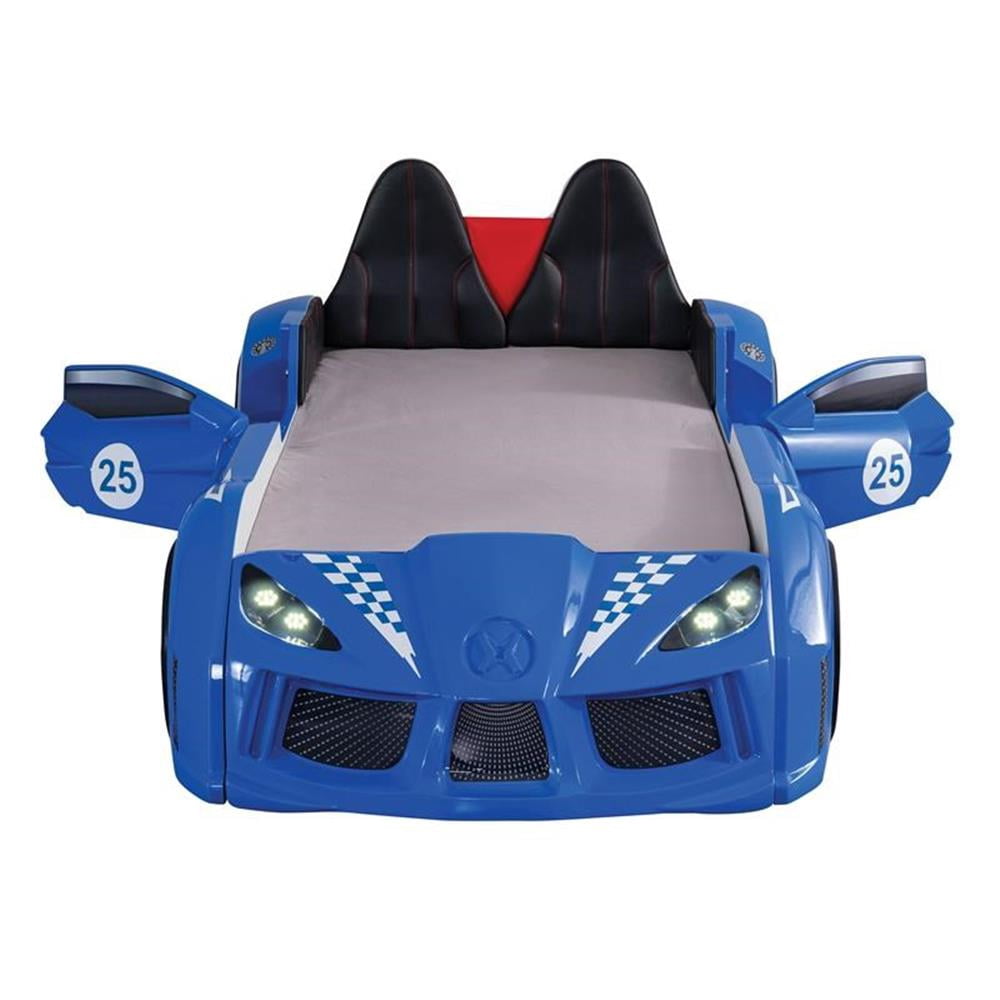 Furniture of America Sonet Plastic Twin Race Car Bed with LED Light in Blue