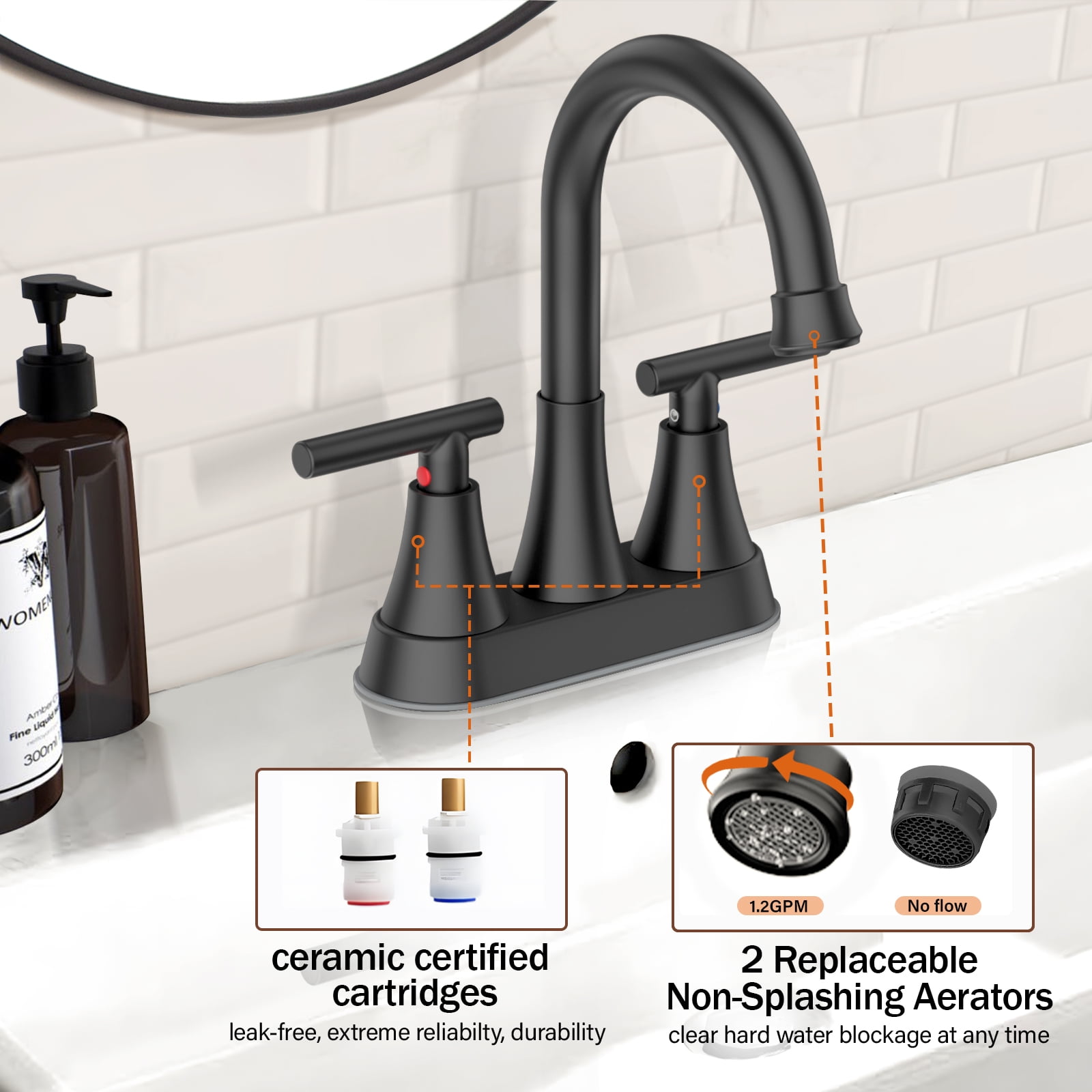 KINGTACK Bathroom Faucets 4 Inch Matte Black Bathroom Sink Faucet, Stainless Steel Lead-Free 2-Handle Centerset Faucet with Pop-up Drain and 2 Supply Hoses Fits 2 or 3-hole Sink