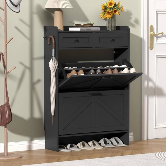 Black Narrow Shoe Cabinet with 2 Flip Drawers, 2 Regular Drawers, Hooks & Top Shelf, 30"W × 9.3"D × 42.72"H