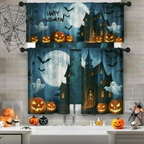 Halloween Spooky Castle Kitchen Window Curtains and Valances Set 36 Inch, Ghost Pumpkin Lantern Bat Moon Short Tier Curtain for Cafe Living Room Bathroom, Halloween 3 Pieces Set Kitchen Decor