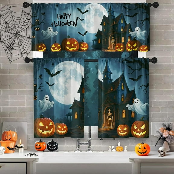 Halloween Spooky Castle Kitchen Window Curtains and Valances Set 36 Inch, Ghost Pumpkin Lantern Bat Moon Short Tier Curtain for Cafe Living Room Bathroom, Halloween 3 Pieces Set Kitchen Decor
