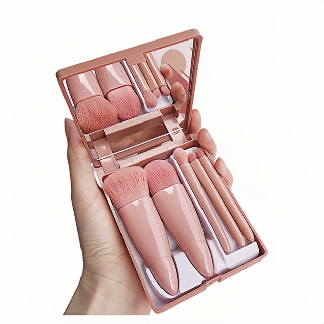 Juego de brochas de maquillaje profesional de 5 piezas con espejo y estuche de viaje Cerdas veganas hipoalergénicas para pieles sensibles Caja de lujo lista para regalo Kit de cosméticos portátil para