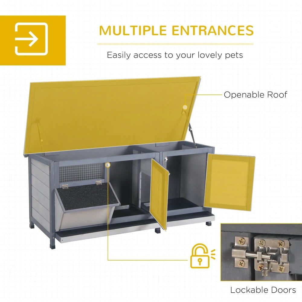 Spaco Wooden Rabbit Hutch Bunny Hutch Cage Guinea Pig with Waterproof Roof, No Leak Tray and Feeding Trough, Gray