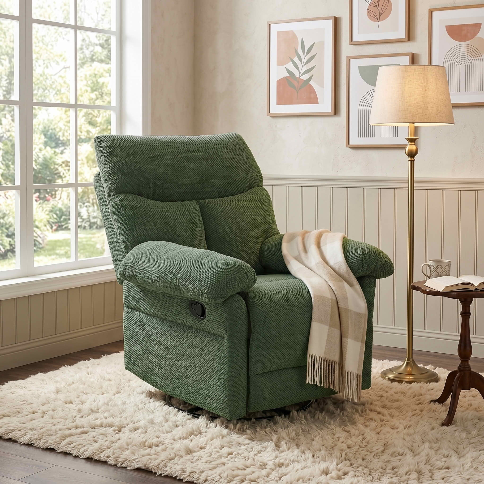 MAYEERTY 41 In Swivel Rocker Recliner, 360 Degree Manual Glider, Overstuffed, Dark Green, 300 lb