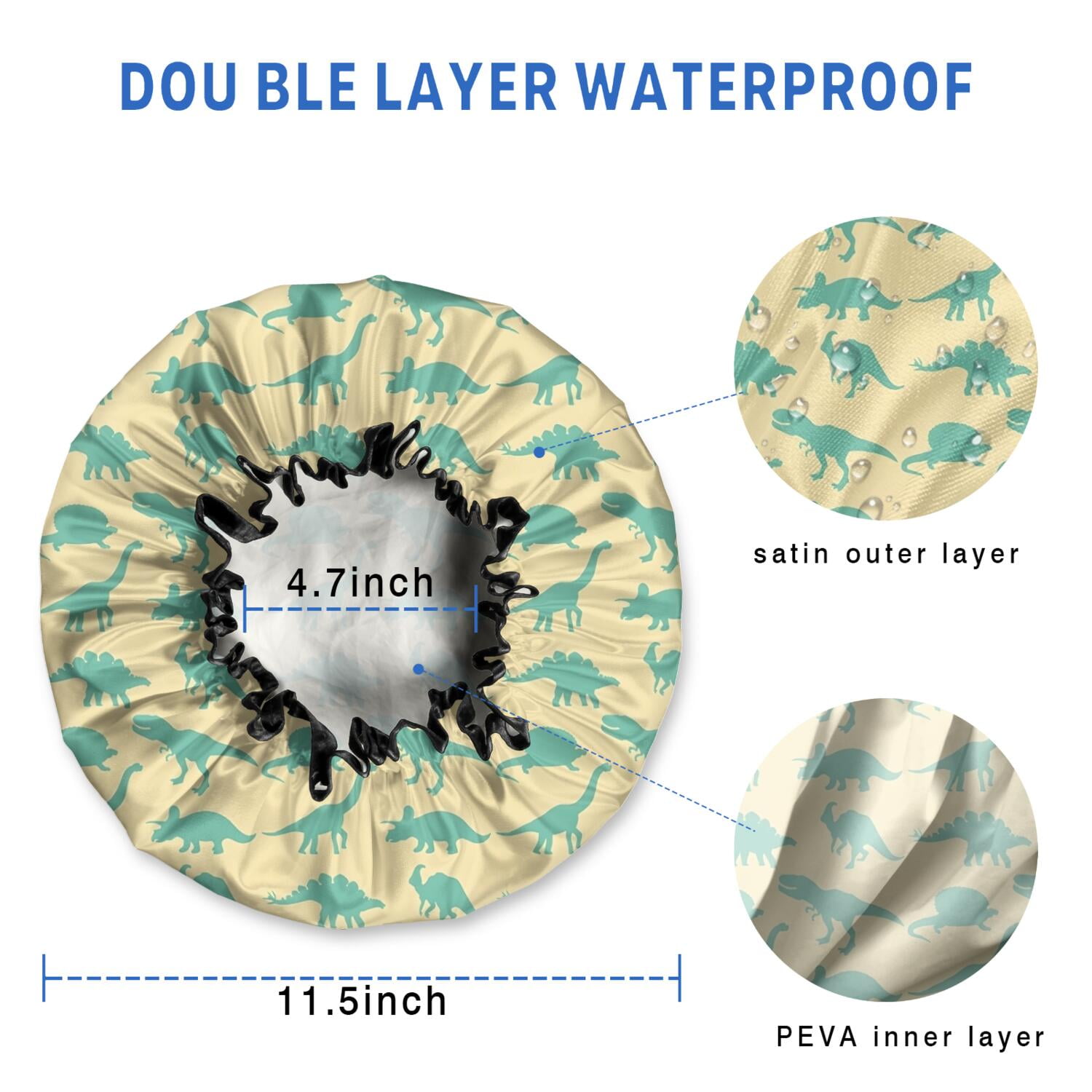 Shower Caps,LightYellow Green Dinosaurs Silhouettes Pattern Waterproof Shower Cap for Women 4 Pieces,Double Reusable Hair Cover for Shower PEVA Elastic Stretch Hem