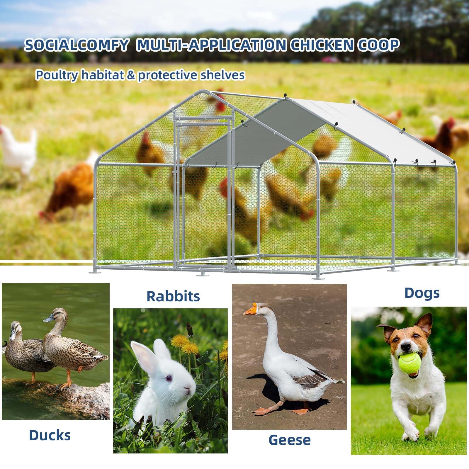 Outdoor Large Metal Chicken Coop Walk-in Poultry Cage Hen Run House Duck House Rabbits Habitat Cage Spire Shaped Coop with Waterproof and Anti-Ultraviolet Cover for Backyard Farm