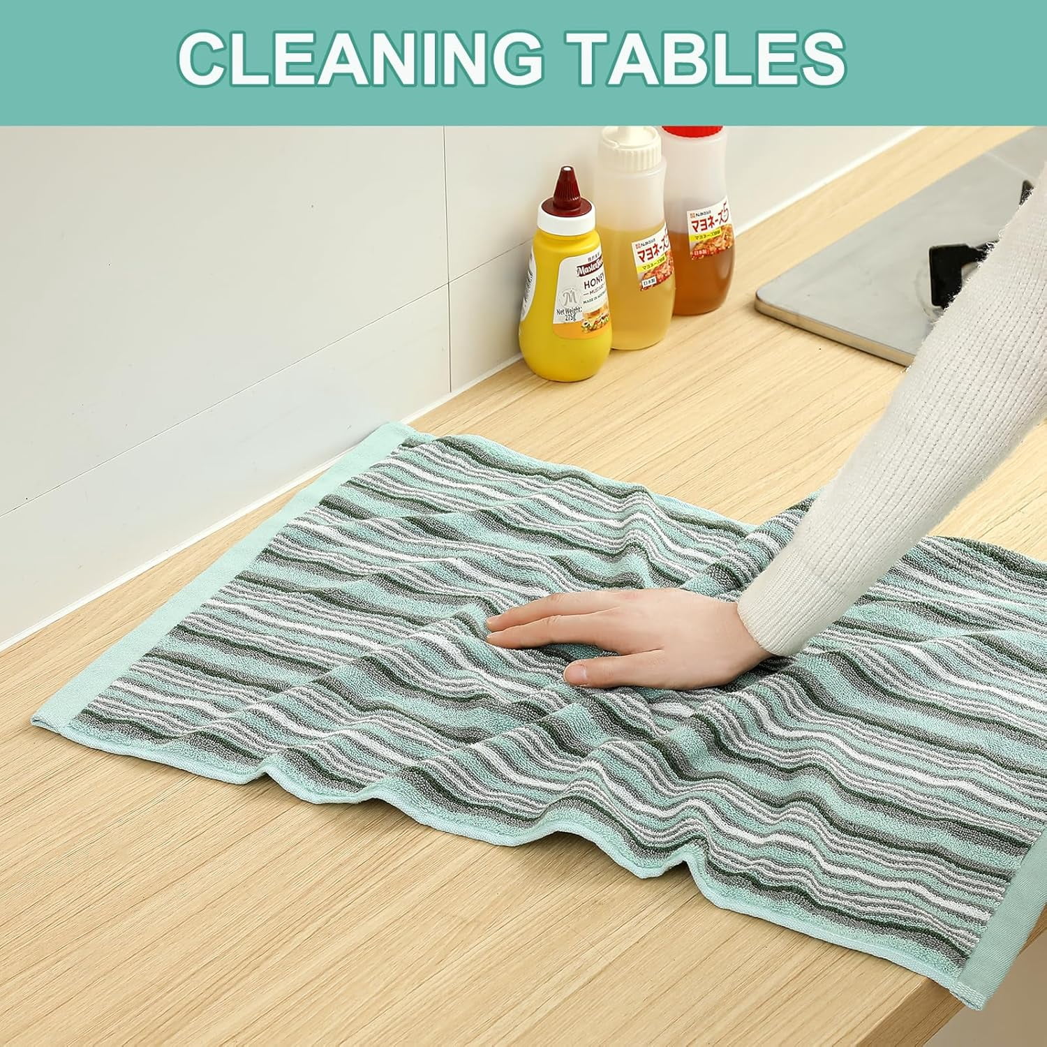 KitchenKey Premium Cotton Kitchen Dish Towels for Drying Dishes,Large Long Kitchen Hand Towels, Thick Highly Absorbent Dish Clothes Tea Towel Sets with Hanging Loop, 16" X 26", 4 Pcs, Green