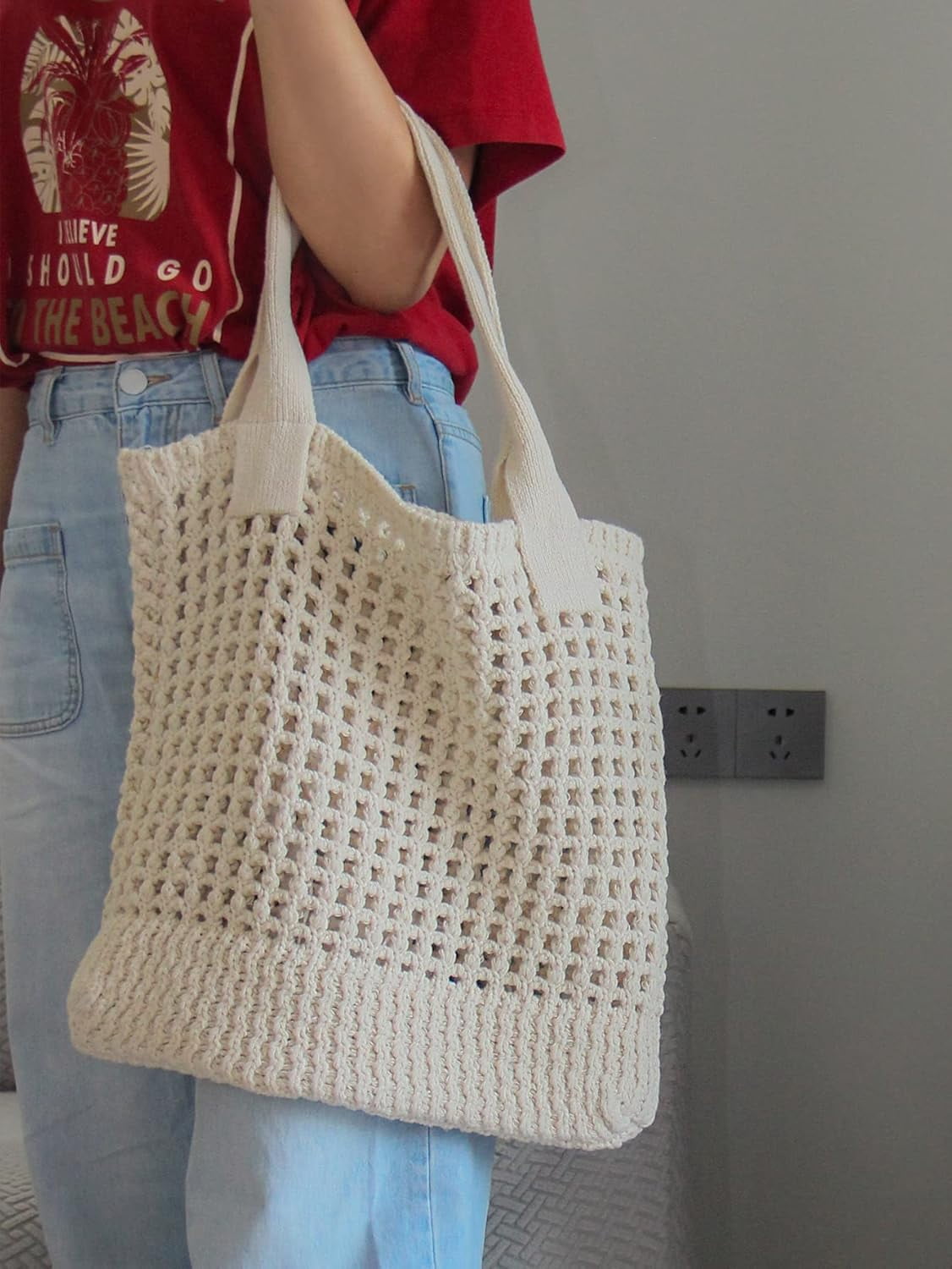 CAILDANL Women's Beach Tote Bag, Crochet Knit Hollow Design, Stylish Tote for Beach,Travel and Everyday Use Aesthetic Handbag
