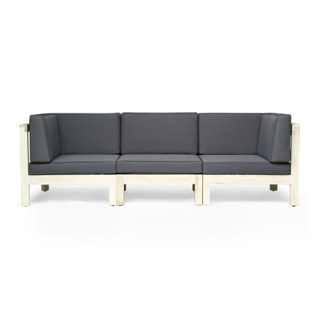 Grey Weathered Wood Christopher Knight Home Oana Outdoor 3-Seater Acacia Wood Sectional Sofa Set With Cushions by weathered gray + dark gray ()
