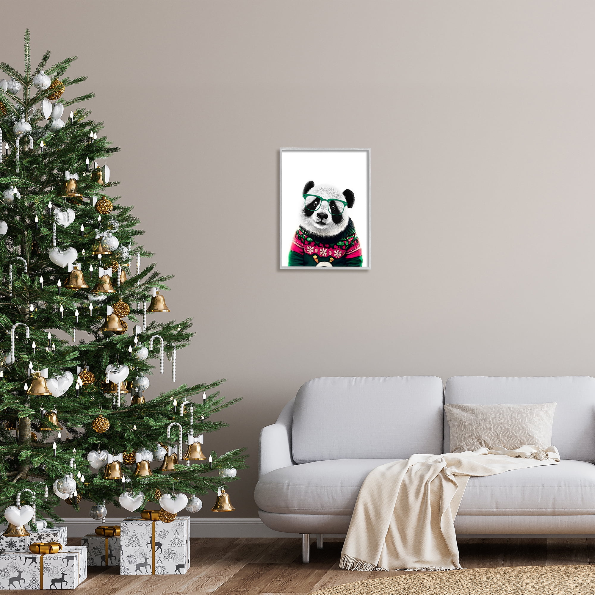 Stupell Industries Panda in Holiday Sweater Holiday Painting Gray Framed Art Print Wall Art, 16 x 20