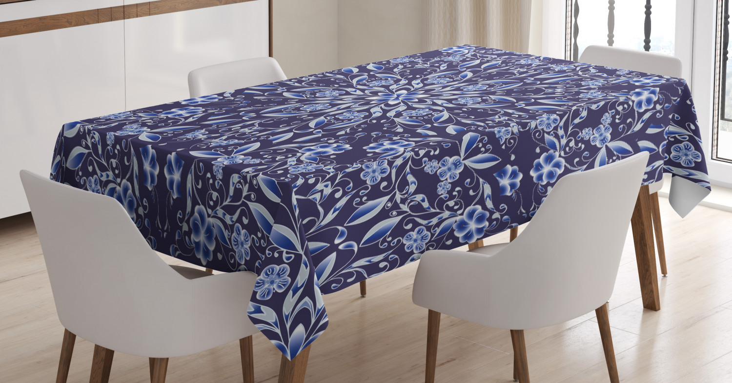 Dark Blue Tablecloth, Chinese Painting Style Artwork Traditional Floral