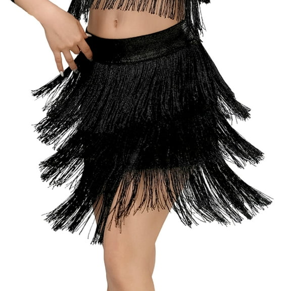 Professional Elastic Dancewear Competition Outfit Long Fringe Stage Skirt