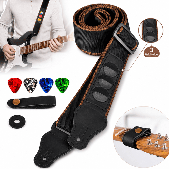 Emlimny Guitar Straps Electric,Adjustable Guitar Strap Button Headstock Adaptor Bass Guitar Strap Comfort Padded with 3 Pick Holder for Electric/Acoustic Guitar