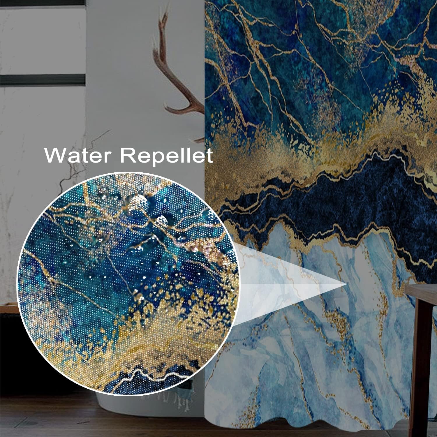 Navy Blue Shower Curtain for Bathroom Marble Light Blue Gold Stall RV Bathtub Home Decoration White Room Partition Waterproof Fabric Shower Curtains 36x72 inches with Hooks