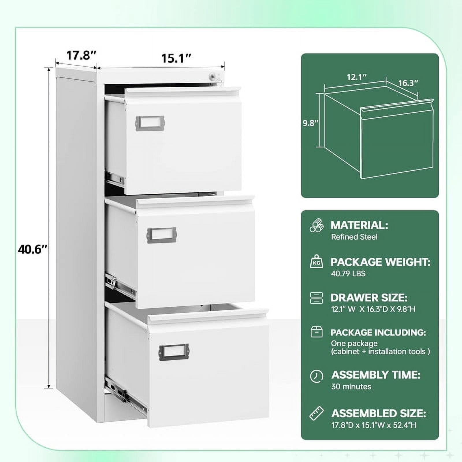 MIIIKO 3 Drawer File Cabinet with Lock,Metal Vertical Filing Cabinets for Home Office Storage A4/F4/Letter/Legal for Home Office-Assembly Required(White)