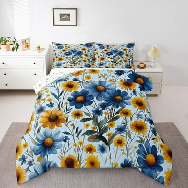 Erosebridal Floral Daisy Comforter Sets,Blue Golden Comforters & Duvets,Ultra Soft Reversible Bedding Comforter Set,Flower Room Decorative,2pcs