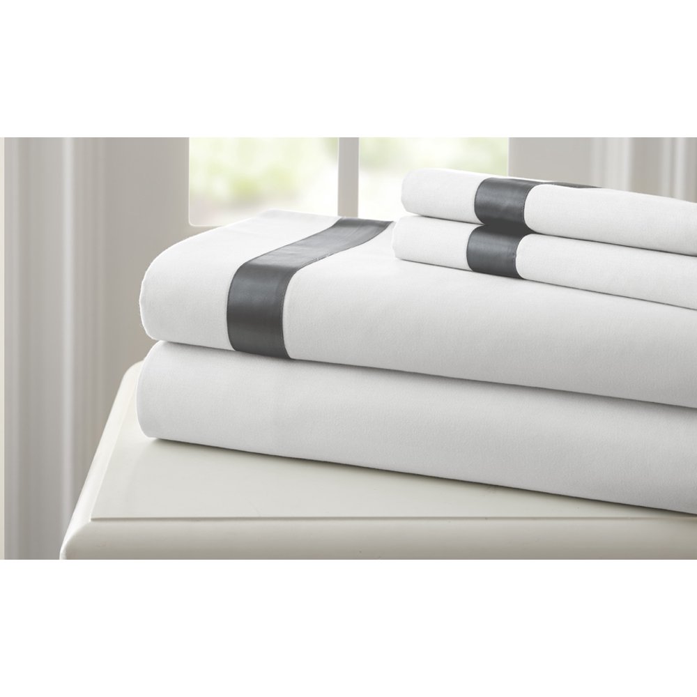 400 Thread Count 100 Cotton 4 pc sheet set with satin band White/Gray