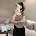 thumbnail image 3 of Simple Modal T-Shirts Col Carré Manches Courtes Été T-shirt Femme Couleur Unie Base Tee Tops Ourlet arc Top FJH, 3 of 7