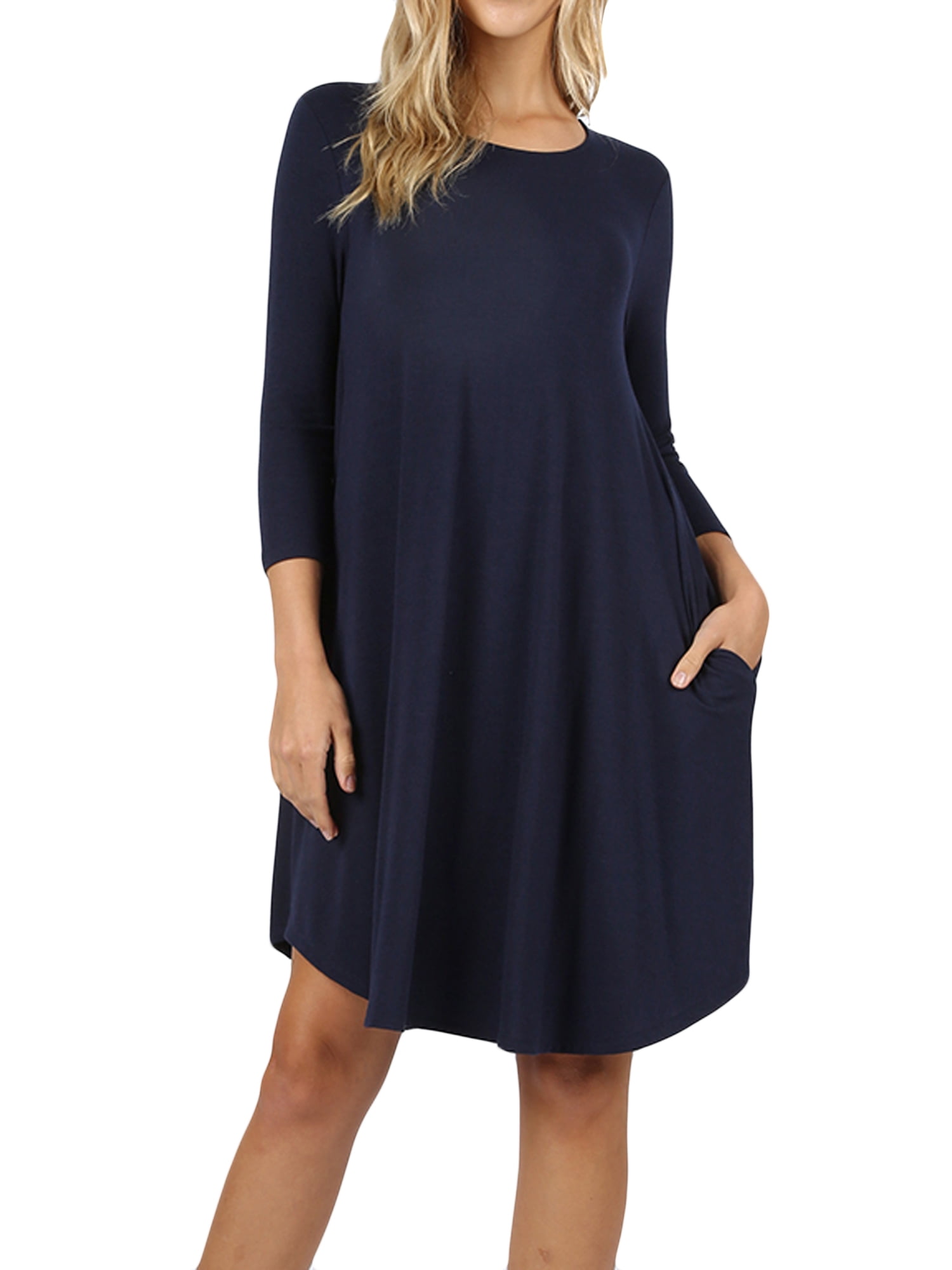 Women & Plus 3/4 Sleeve Round Hem Knee Length ALine Tunic Dress with