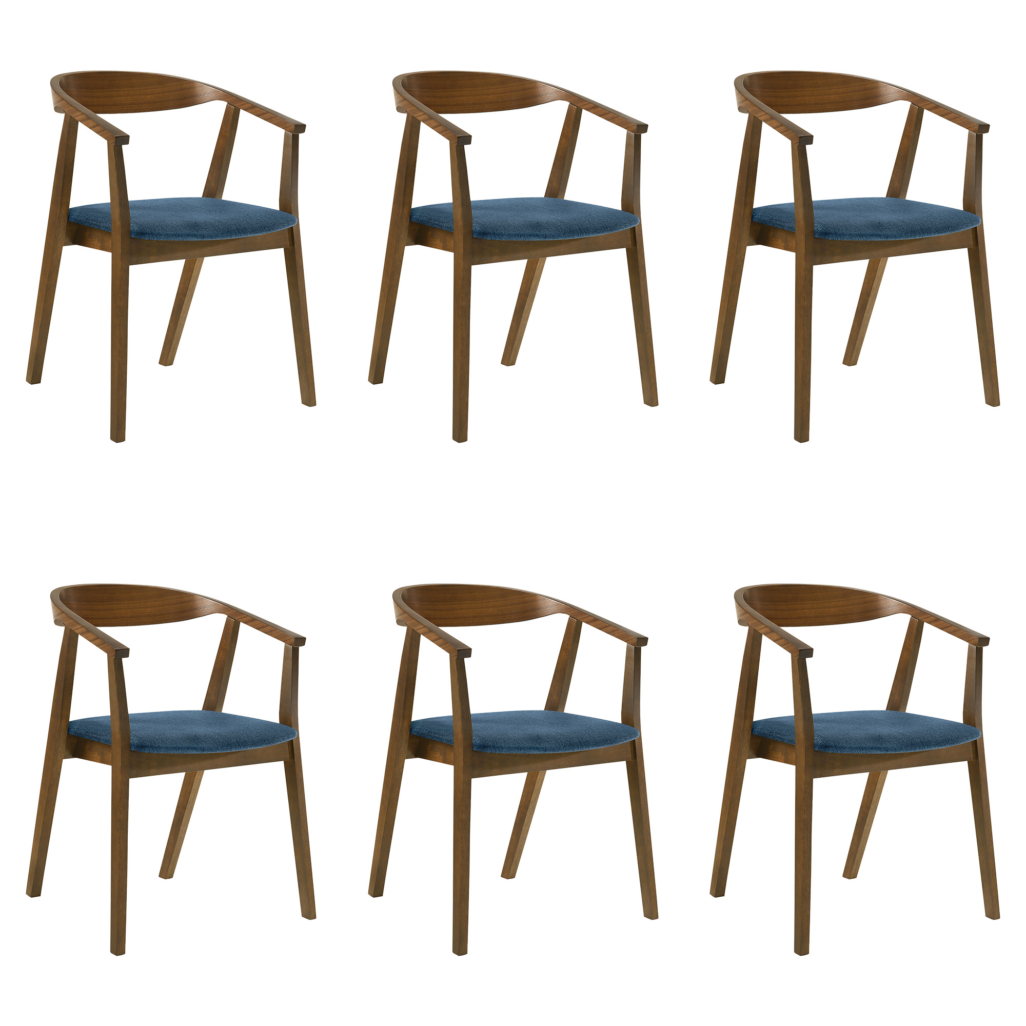 Santana Wood Dining Chair in Walnut Finish with Blue Fabric - Set of 6
