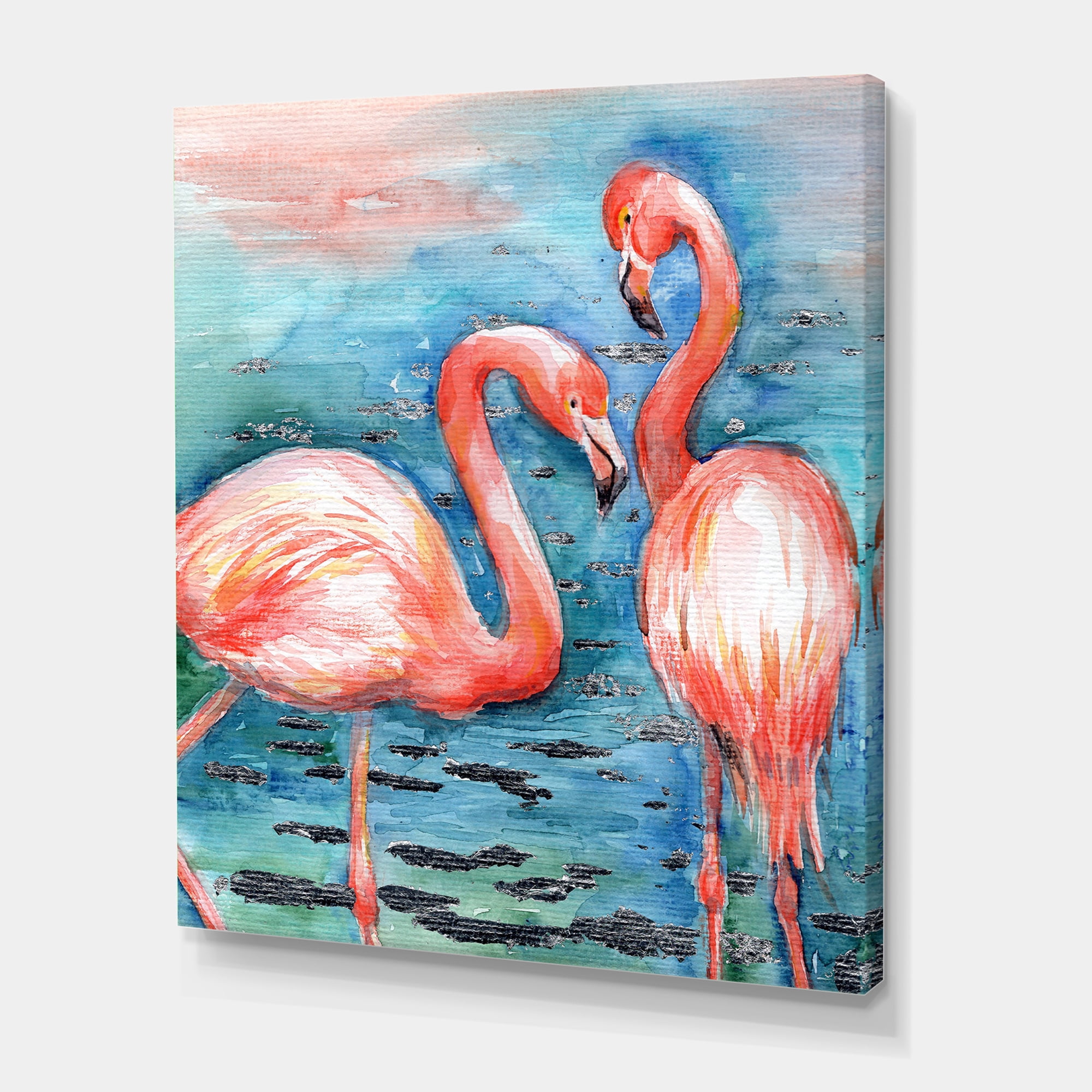 Pink Flamingos Love Birds In Blue Water I 8 in x 12 in Painting Canvas Art Print, by Designart