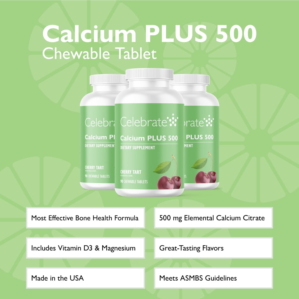 Celebrate Vitamins Calcium Plus 500 Chewable Tablets, 500 mg Calcium Citrate with Vitamin D3, Cherry Tart, 270 count