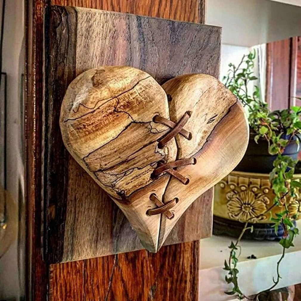 LISHD Wood Broken Heart Leather Stitched Wood Sculpture Wall Decor Gift Hand-Carved Acrylic Ornaments Modern Wall Decor Model for Home Kitchen Bar Workshop Coffee 