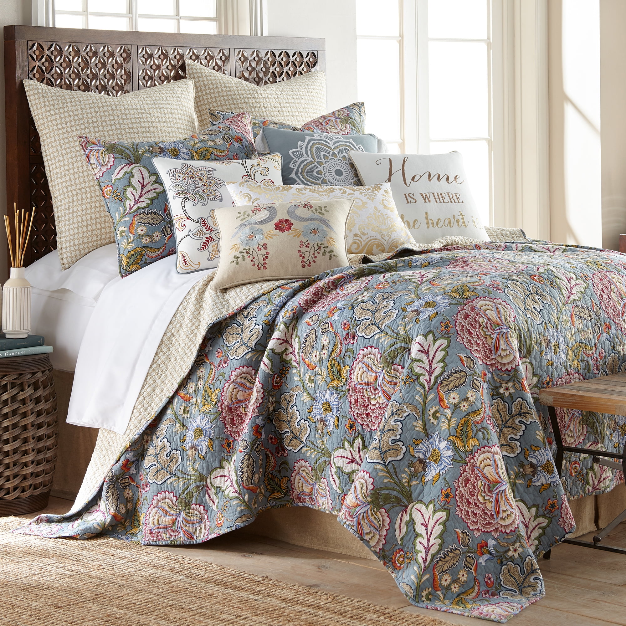 100% Cotton Full Queen Size 3pcs Blue Floral Quilt Set-Reversible w/ Pillowshams 