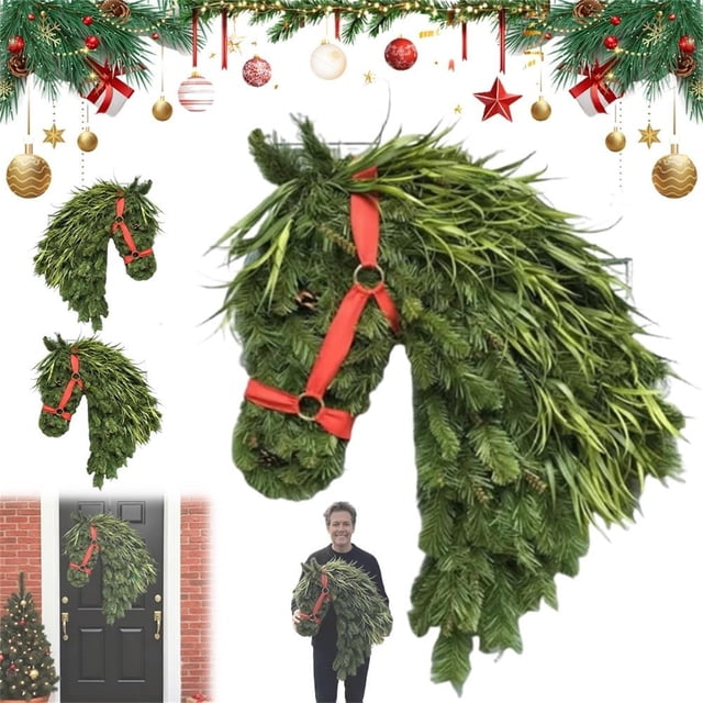 cpengpj Handmade Horse Head Wreath with Red Bow, Elegant Equestrian Decor for Christmas Door, Indoor Outdoor Use