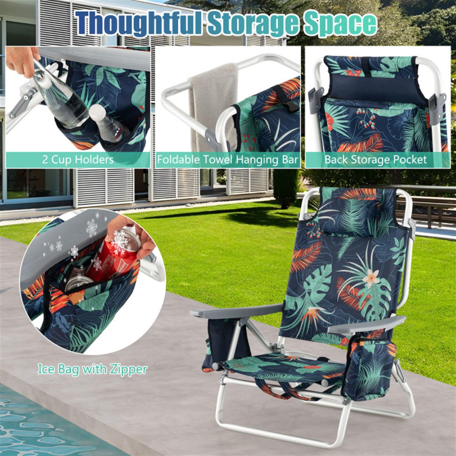 Demi Bonn 2 Pieces Folding Backpack Beach Chair with Pillow, Patio Accent Furniture Lounge Chairs for Yard, Garden, Multicolor