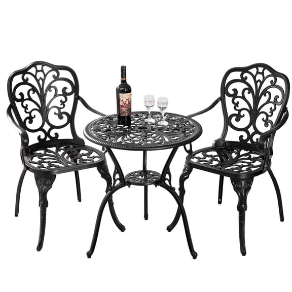 Withniture 3 Piece Bistro Table Set,Cast Aluminum Patio Bistro and Chair Set with Umbrella Hole, All Weather Metal Bistro Table Set, Butterfly Black