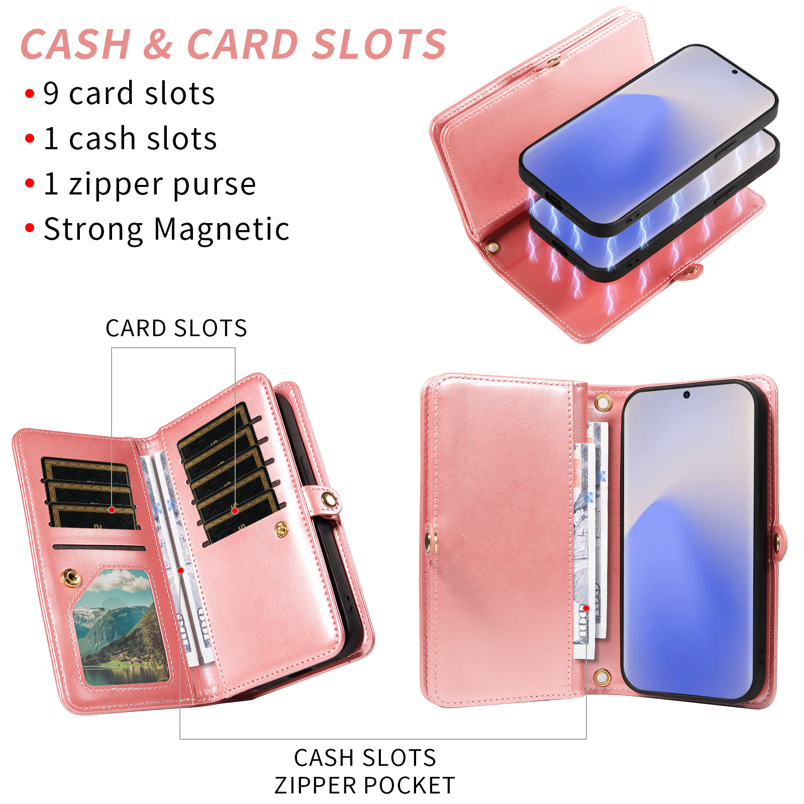 Asuwish Phone Case for Samsung Galaxy Note 20 5G Zipper Wallet Detachable Cell Cover with Tempered Glass Screen Protector Strap Flower Flip Card Holder Note20 Notes 20s Twenty Not S20 Women Rose Gold