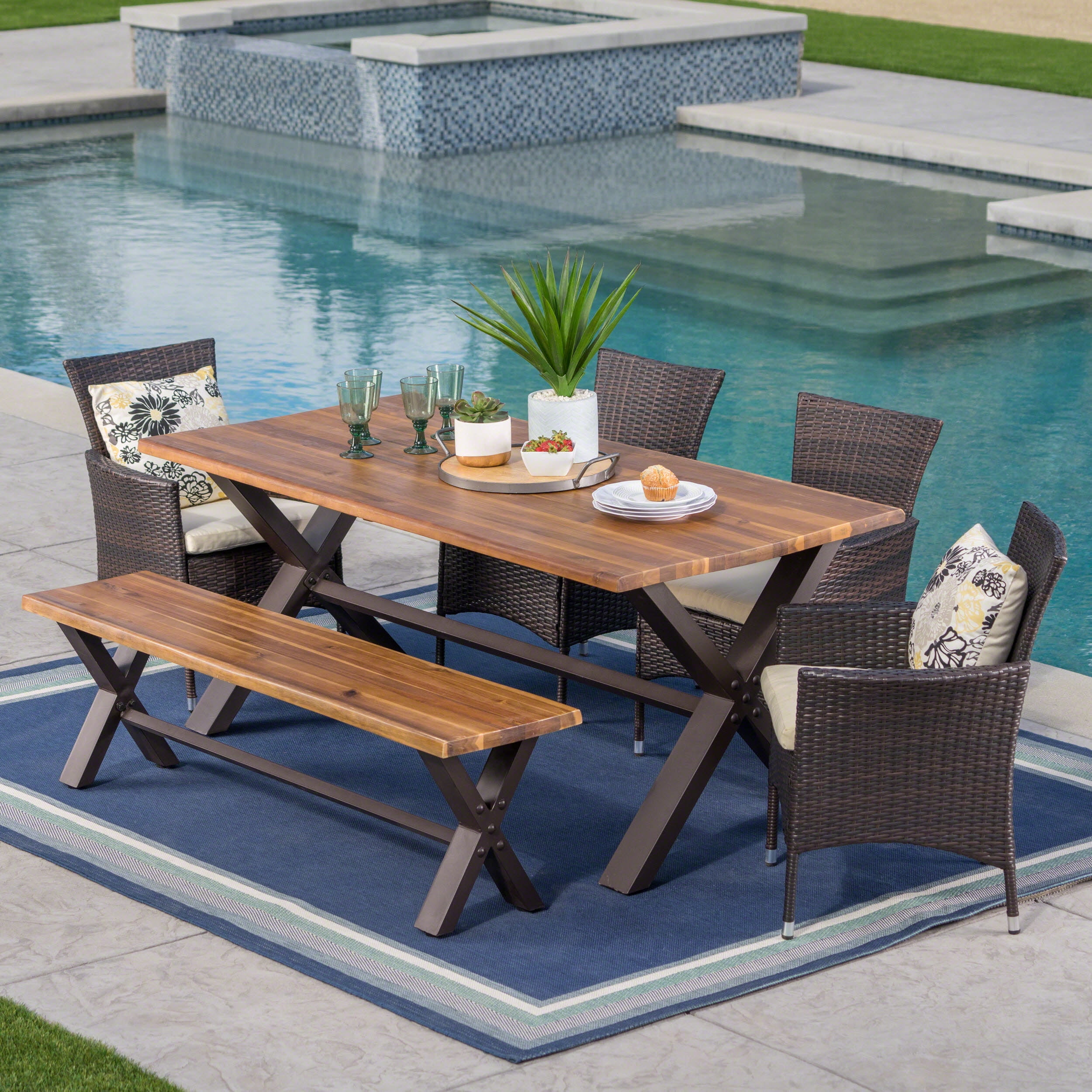 Bradley Outdoor 6 Piece Acacia Wood Dining Set with Wicker Dining