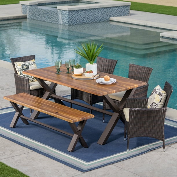 Bradley Outdoor 6 Piece Acacia Wood Dining Set with Wicker