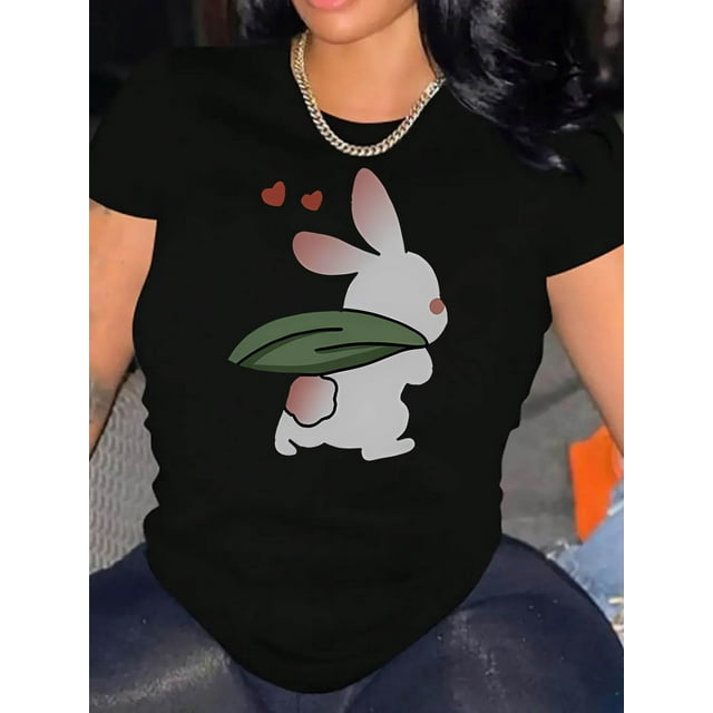 Women's Casual Bunny Heart Graphic Tee - Soft Polyester Blend, Round Neck Short Sleeve, Comfortable Summer Top in White