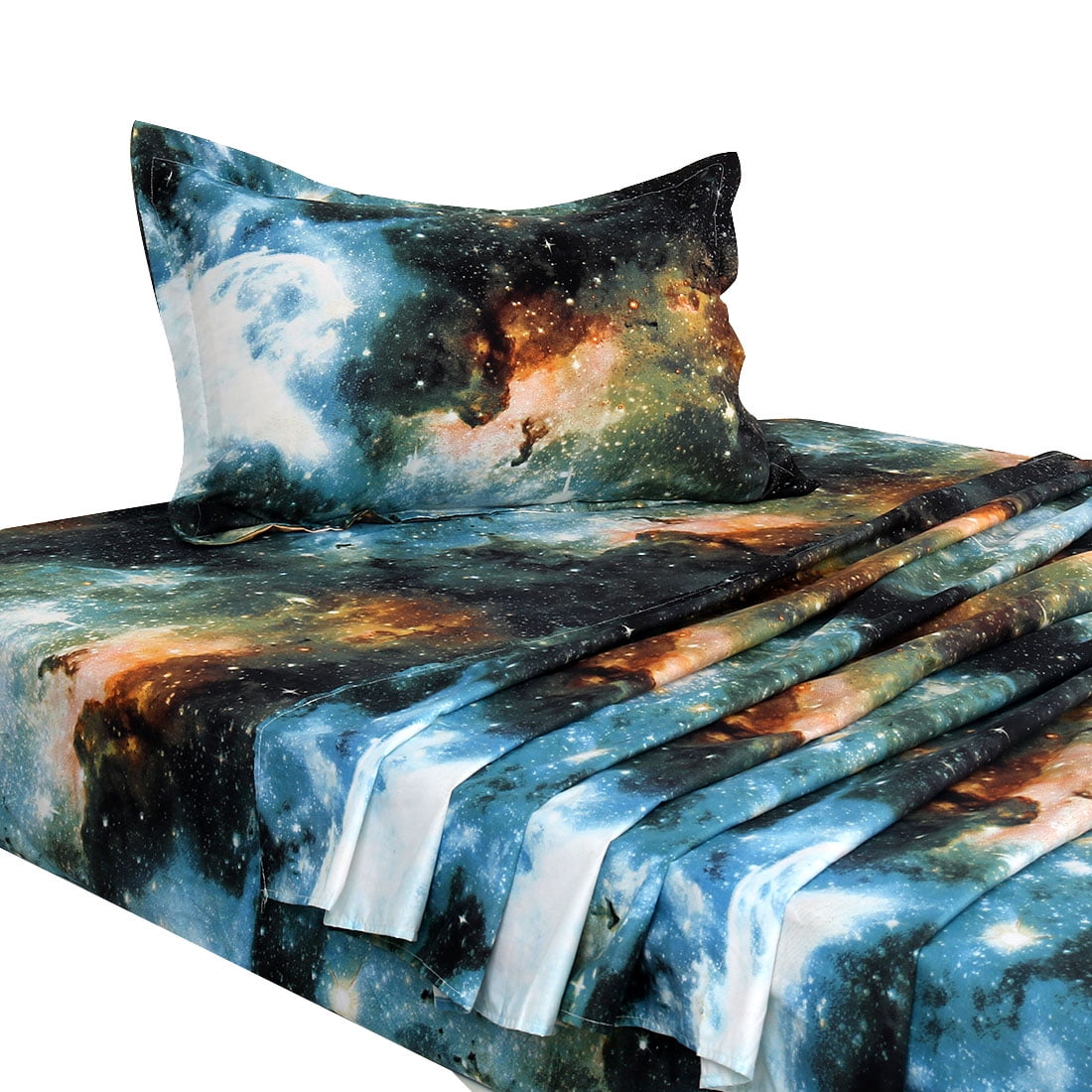 Unique Bargains Galaxy Print Bed Sheets Pillow Cases Bedding Set, Green