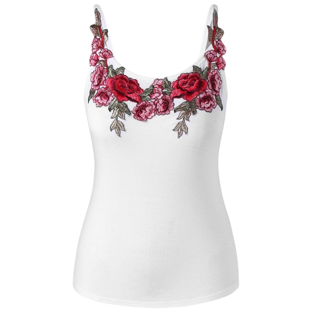 TOTOD Fashion Womens Plus Size Rose Embroidery Floral Tank Polyester Tops Shirt Blouse Camisole 