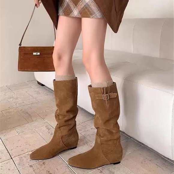 AUNVITO Women Knee-High Slim Suede Boots Western Casual with Metal Buckle Pointed Toe (Deep Brown, Tan, Black)