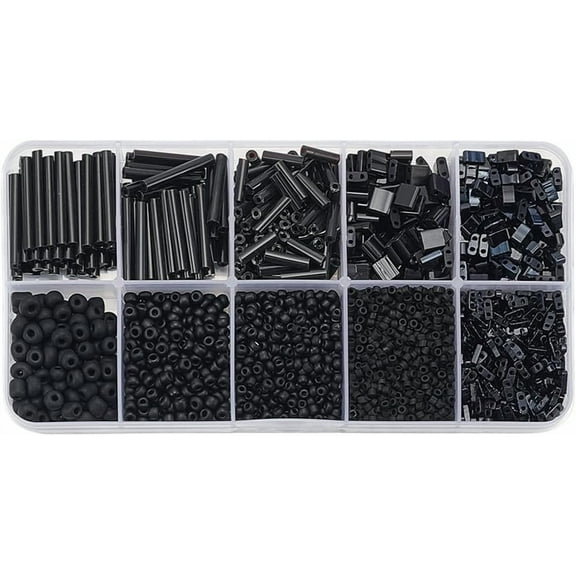 100G 10 Styles Glass Seed Beads Frosted Black Round Glass Beads Flat Square Beads Rectangle Half Cut Beads for Multi-Strand Jewelry Craft Making