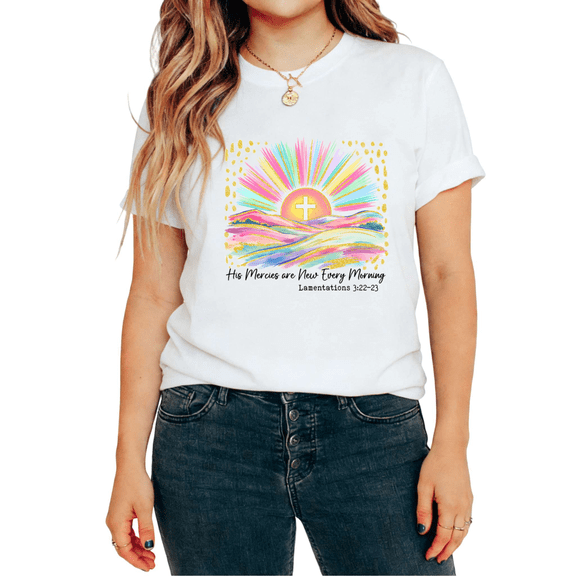 UNISHE Women's Watercolor Gold Glitter Sunrise Cross Bible Mercy Inspirational Saying Graphic Trendy Short Sleeve T-Shirt