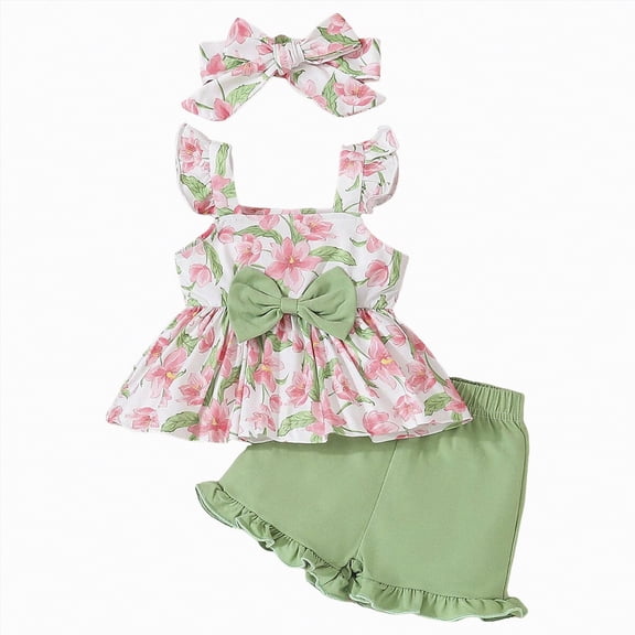 CAUYDY Toddler Baby Girls 2 Pcs Outfits Girl Spring Summer Clothes Kids Sport T Shirts and Shorts Kid Outfit Sets For 6-24 Months 2t 3t 4t 5t 6t Kid Skorts (Sizes 9-12 Months,H03-Green)