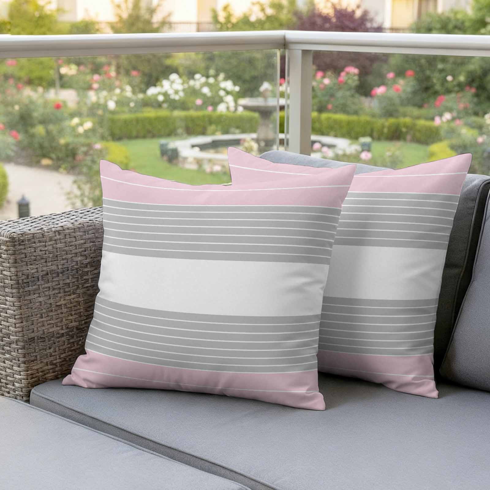 Pink Striped Outdoor Waterproof Pillow Covers, Multicolor Grey White Horizontal Stripes Decorative Square Throw Pillowcase Sofa Cushion Sham for Patio/Couch/Chair, 20"x20" 2 Pack