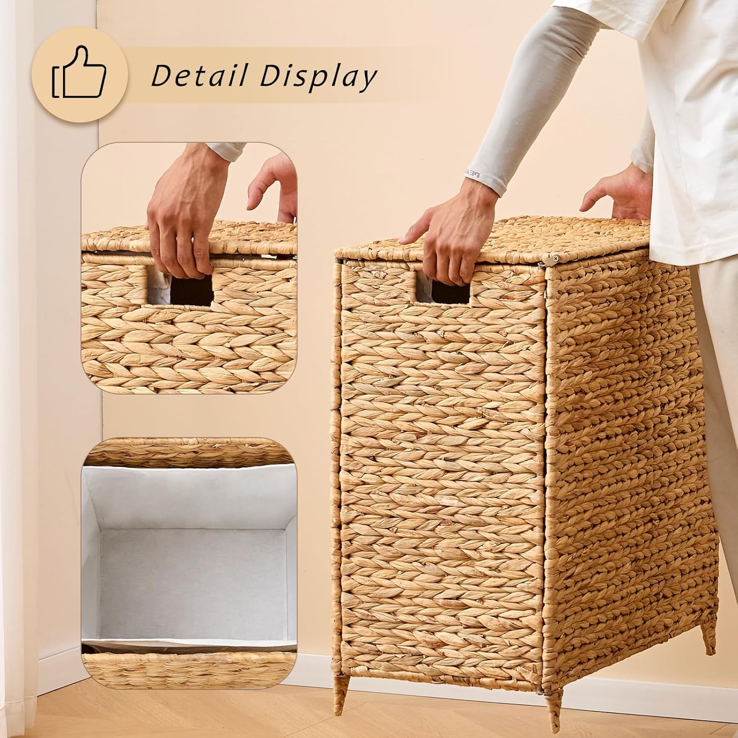 Casa Pura Furniture Handwoven Large Laundry Hamper with Lid, 2 Removable Liner Bags, Heightened Feet, Natural Hyacinth Wicker Clothes Storage Basket for Towels & Clothing