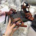 thumbnail image 5 of T-Strap Peep Toe Stiletto High Heel Sandal Buckle Roman Leather Square Toe Women'S Shoes, 5 of 5