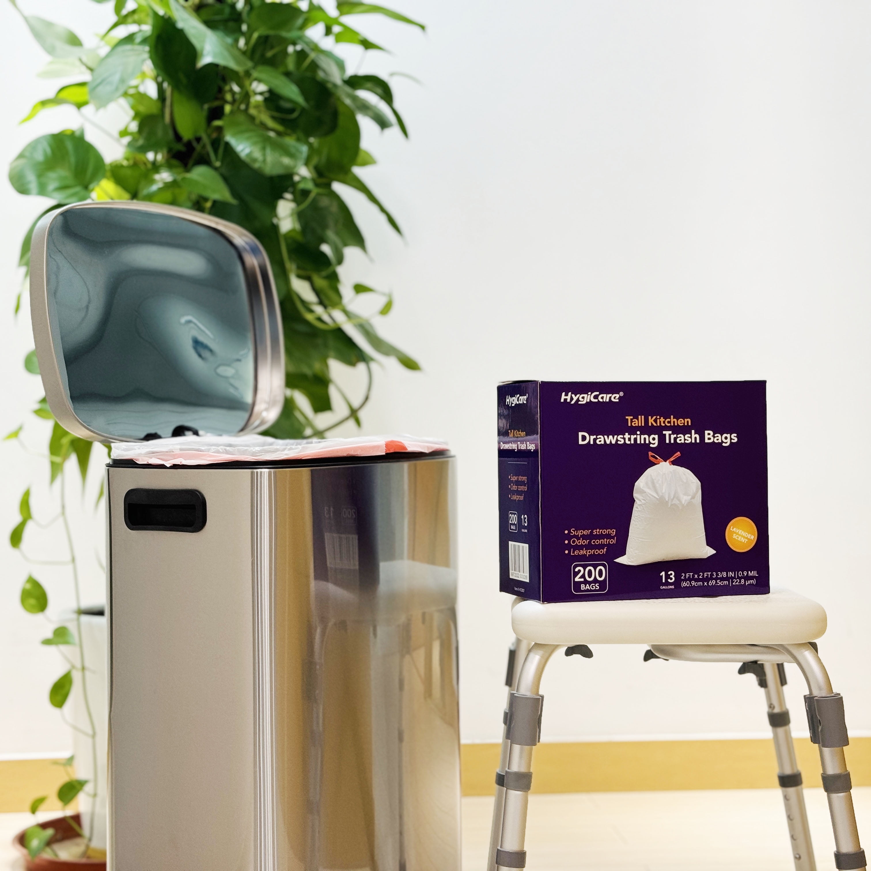 HygiCare 13 Gallon Tall Kitchen Drawstring Trash Bags, 200 Count, Lavender Scent, Super Strong, Leakproof