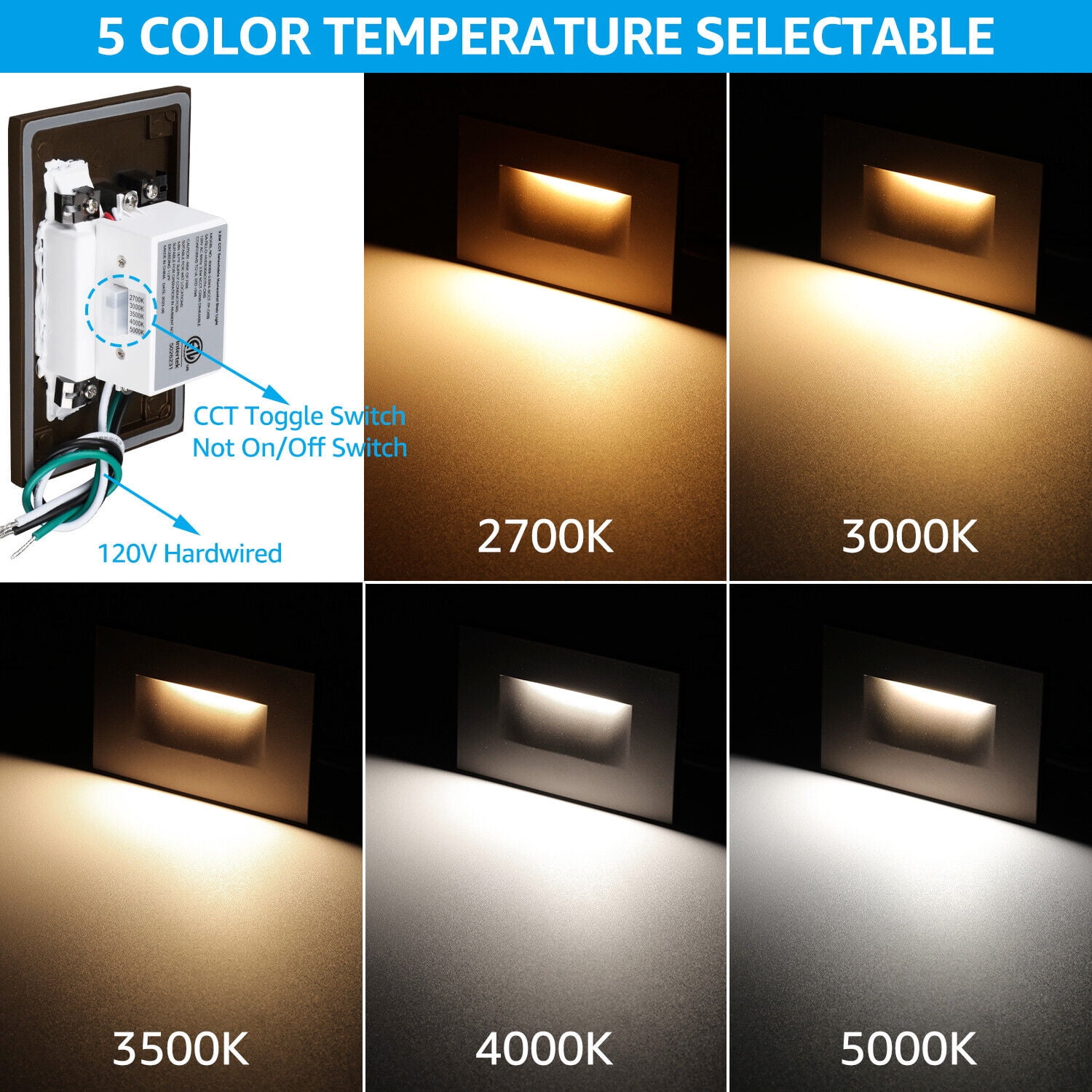 Leonlite 120v LED Stair Lights, 150lm 5%-100% Dimmable Step Lights, Cri90+ & Etl, 2700k/3000k/3500k/4000k/5000k Aluminum Staircase 12 Pack