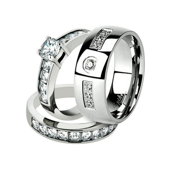 His and Her Stainless Steel 3.25 Ct Cz Bridal Ring Set and Men Zirconia Wedding Band Women's Size 10 Men's Size 06