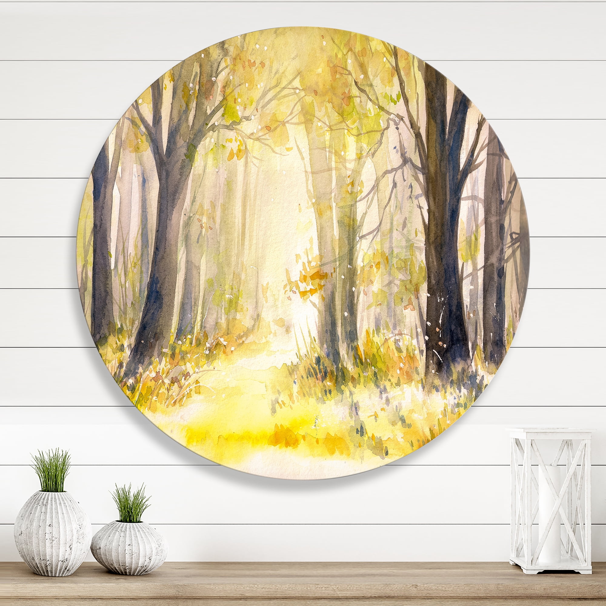 Designart 'Bright Sunshine Through The Yellow Forest Trees I' Traditional Circle Metal Wall Art 11x11 - Disc of 11